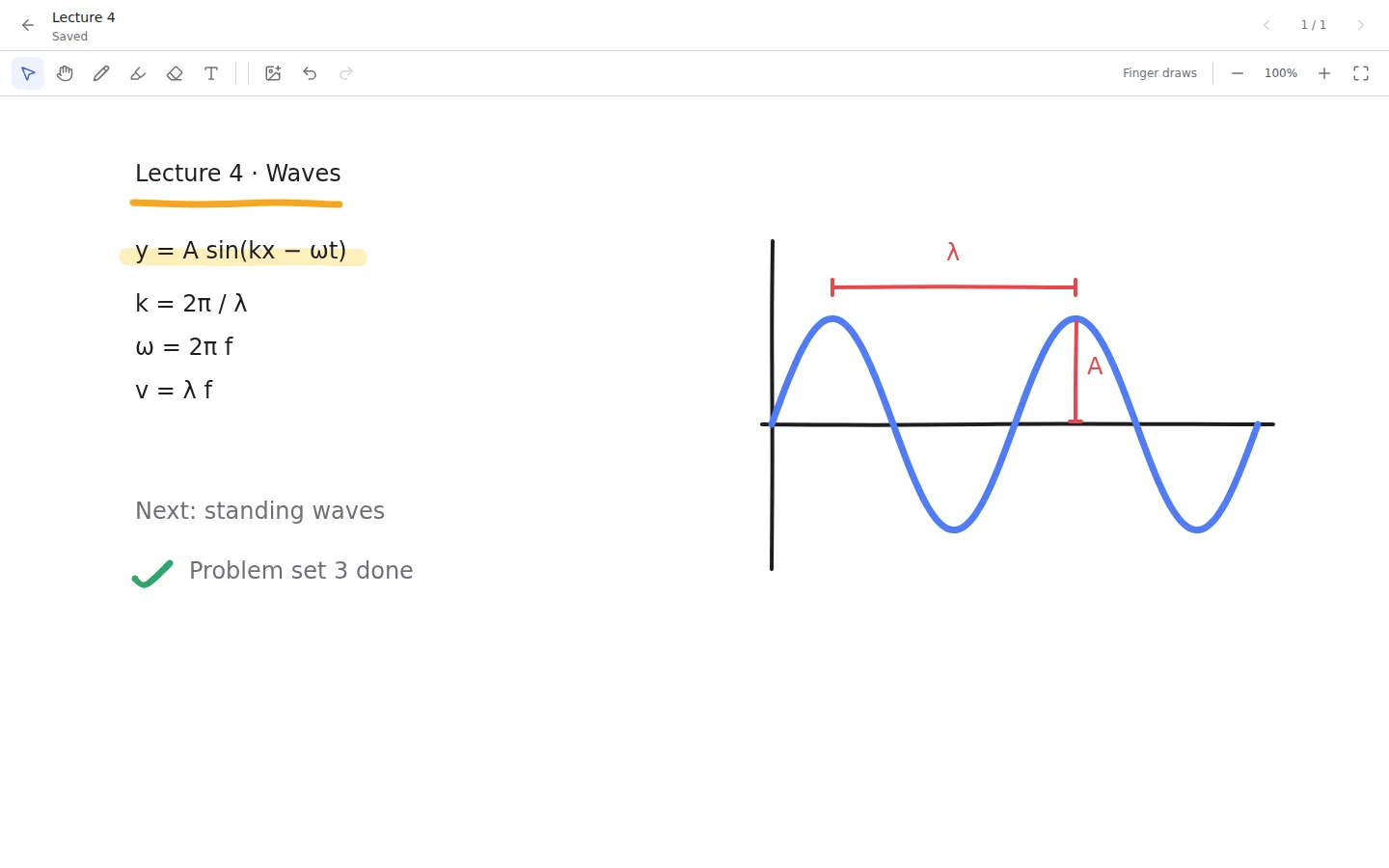 An Infinote page with typed wave equations, a highlighted formula and a hand-drawn sine wave labelled with wavelength and amplitude