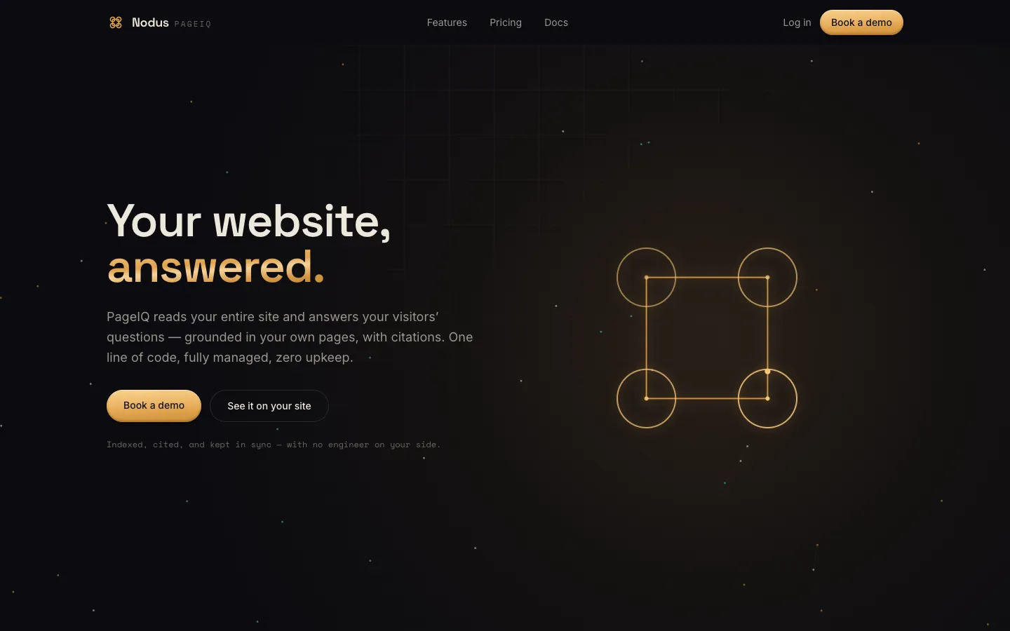 Nodus PageIQ landing page with its website assistant introduction and connected-node illustration